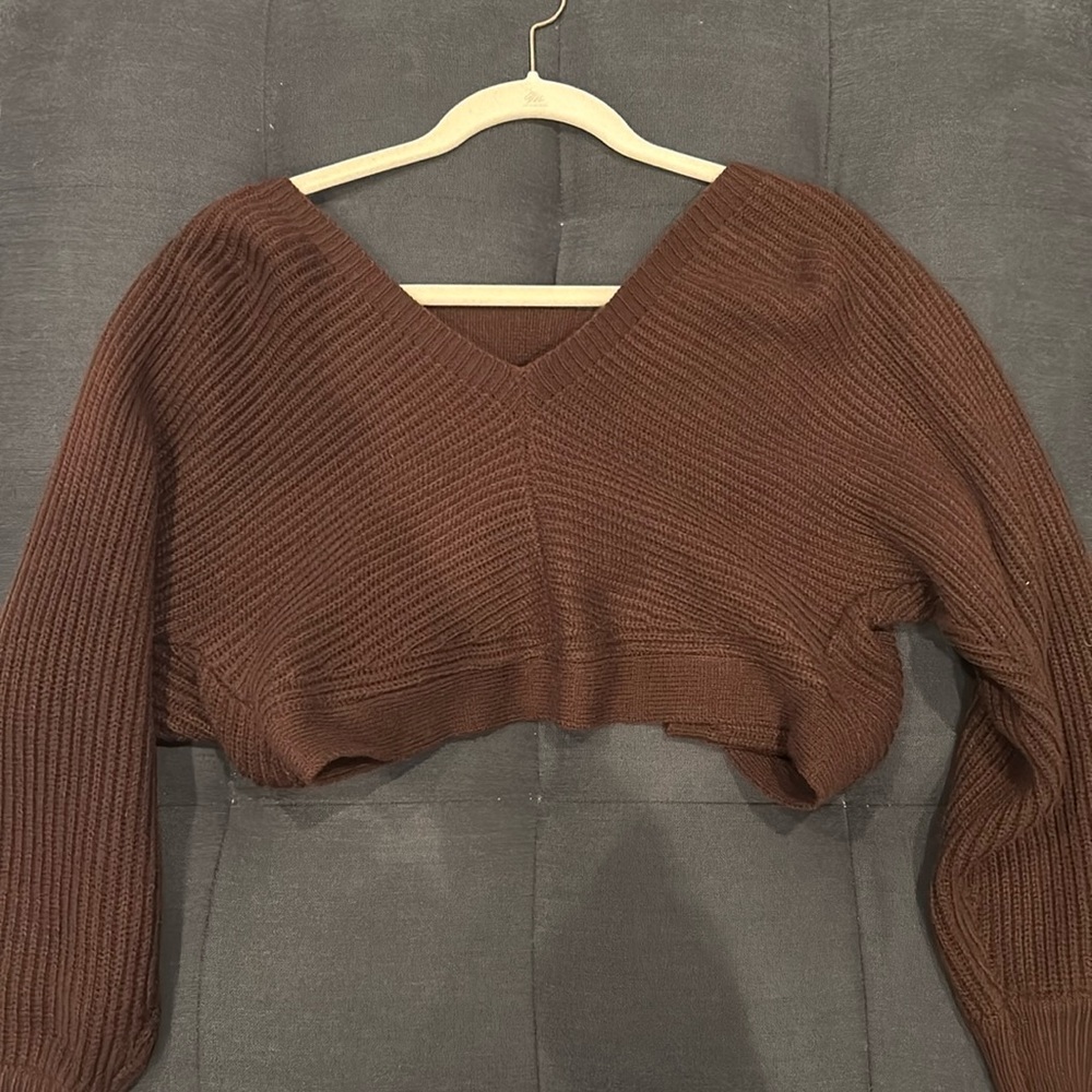 Brown cropped open back tie sweater from SHEIN
